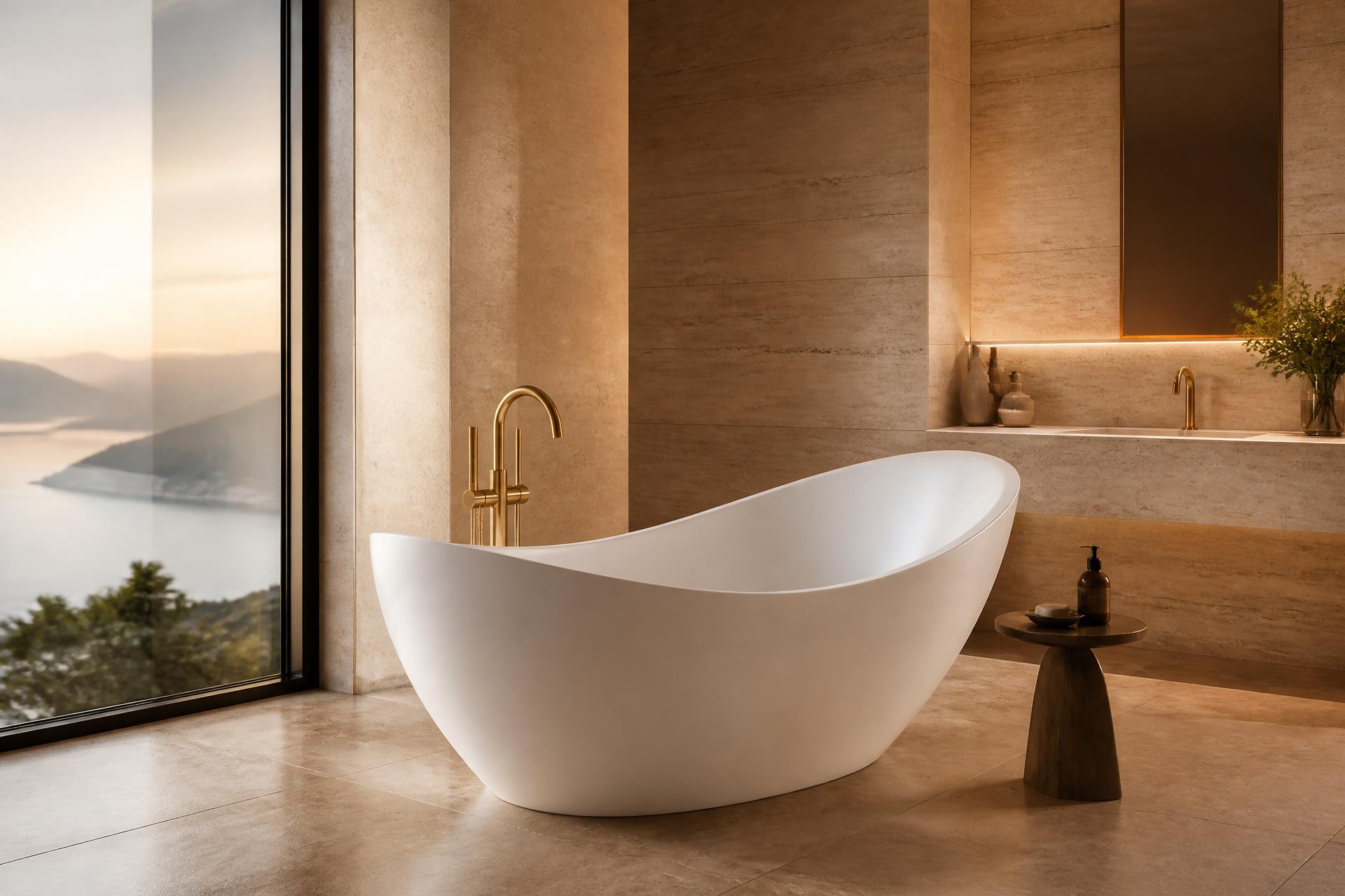 Luxury bathroom with a sculptural Acrosen freestanding bathtub