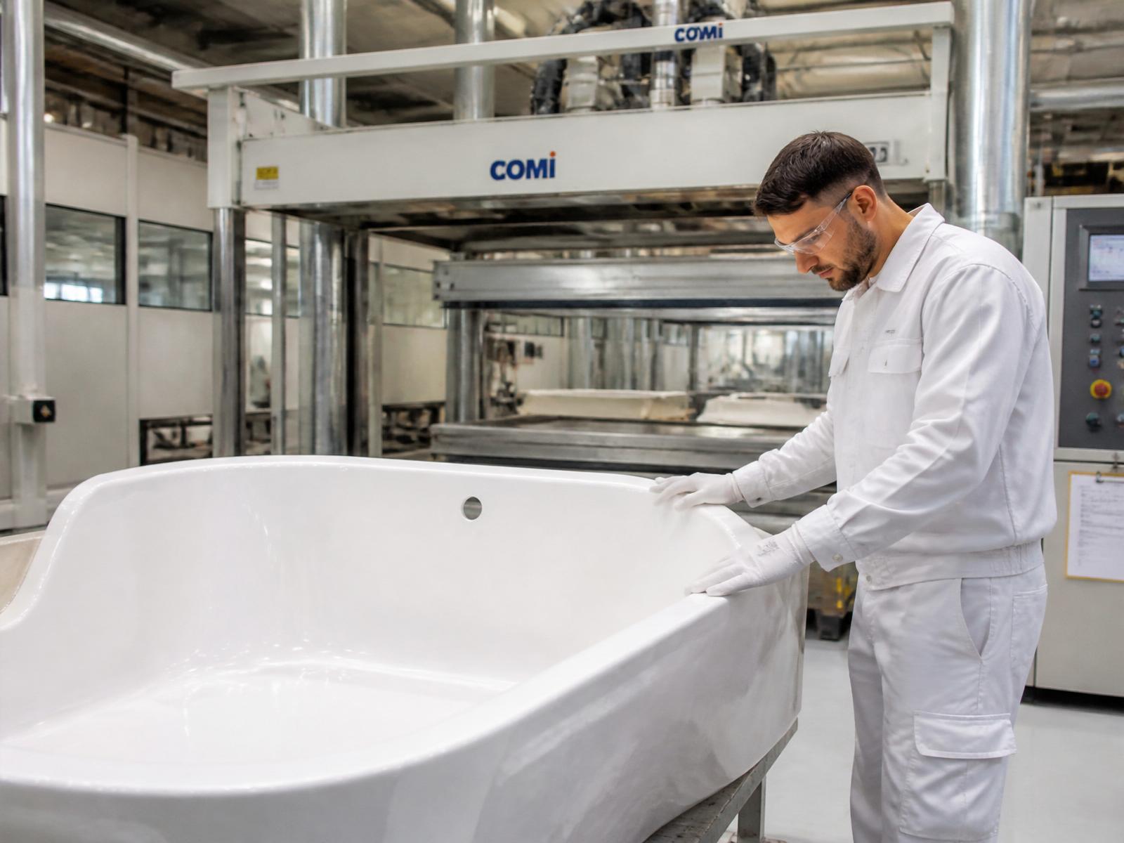 Acrosen craftsman inspecting a thermoformed acrylic bathtub shell